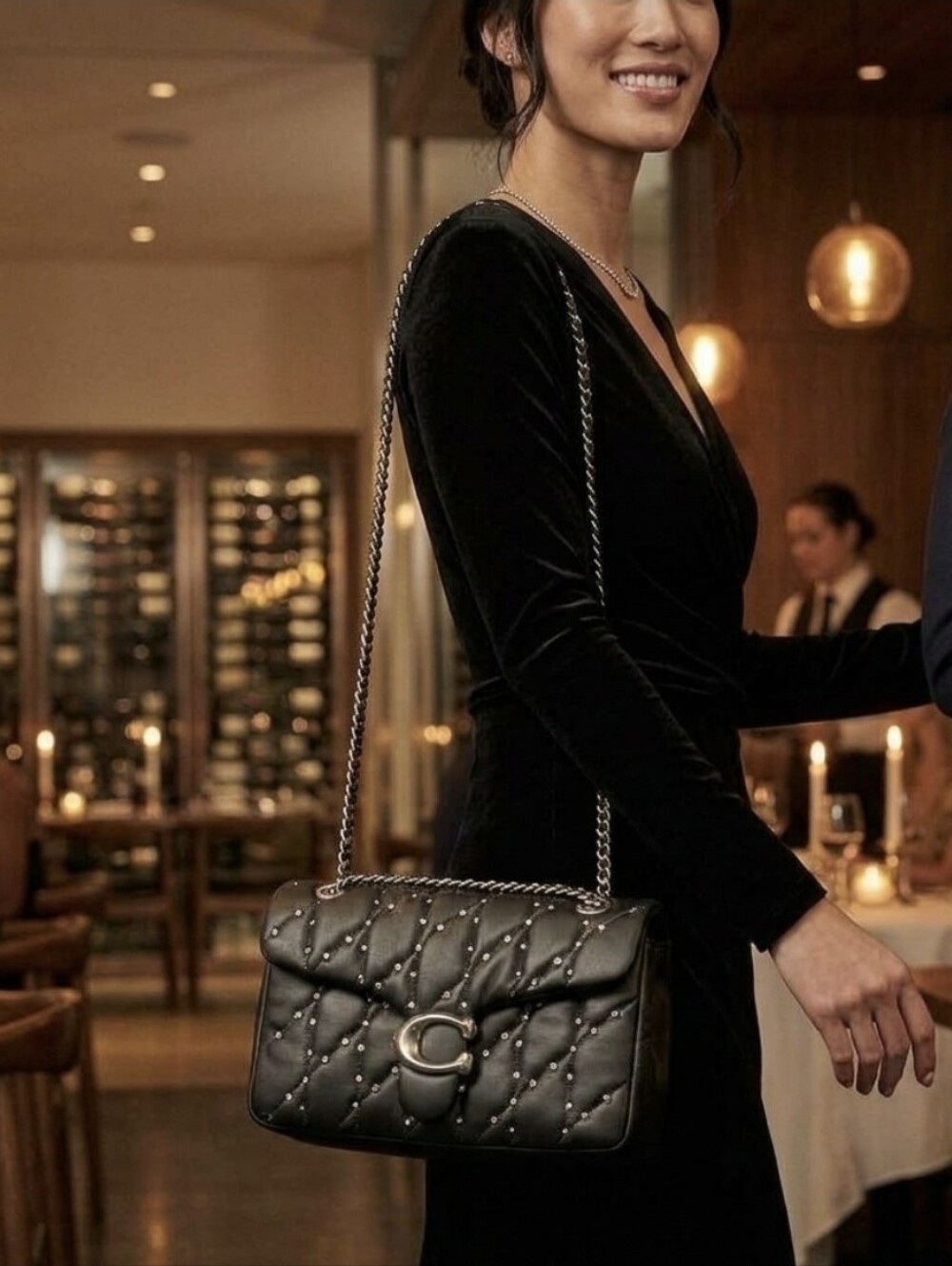 AUTHENTIC COACH TABBY 26 — BLACK QUILTED LEATHER CRYSTAL RIVET SHOULDER/CROSSBOD